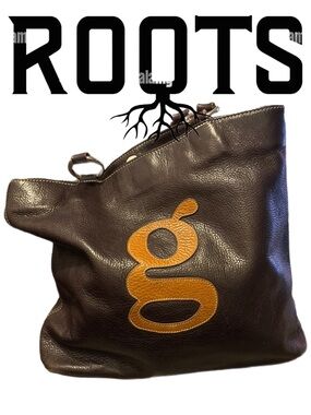ROOTS Genuine Leather Brown Tote Bag with Orange 'g' Accent